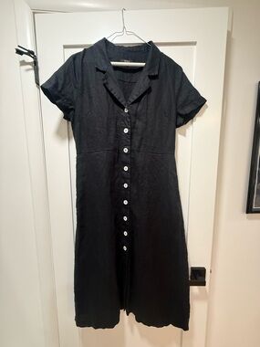 Quince Black Button-Front Short Sleeve Midi Dress